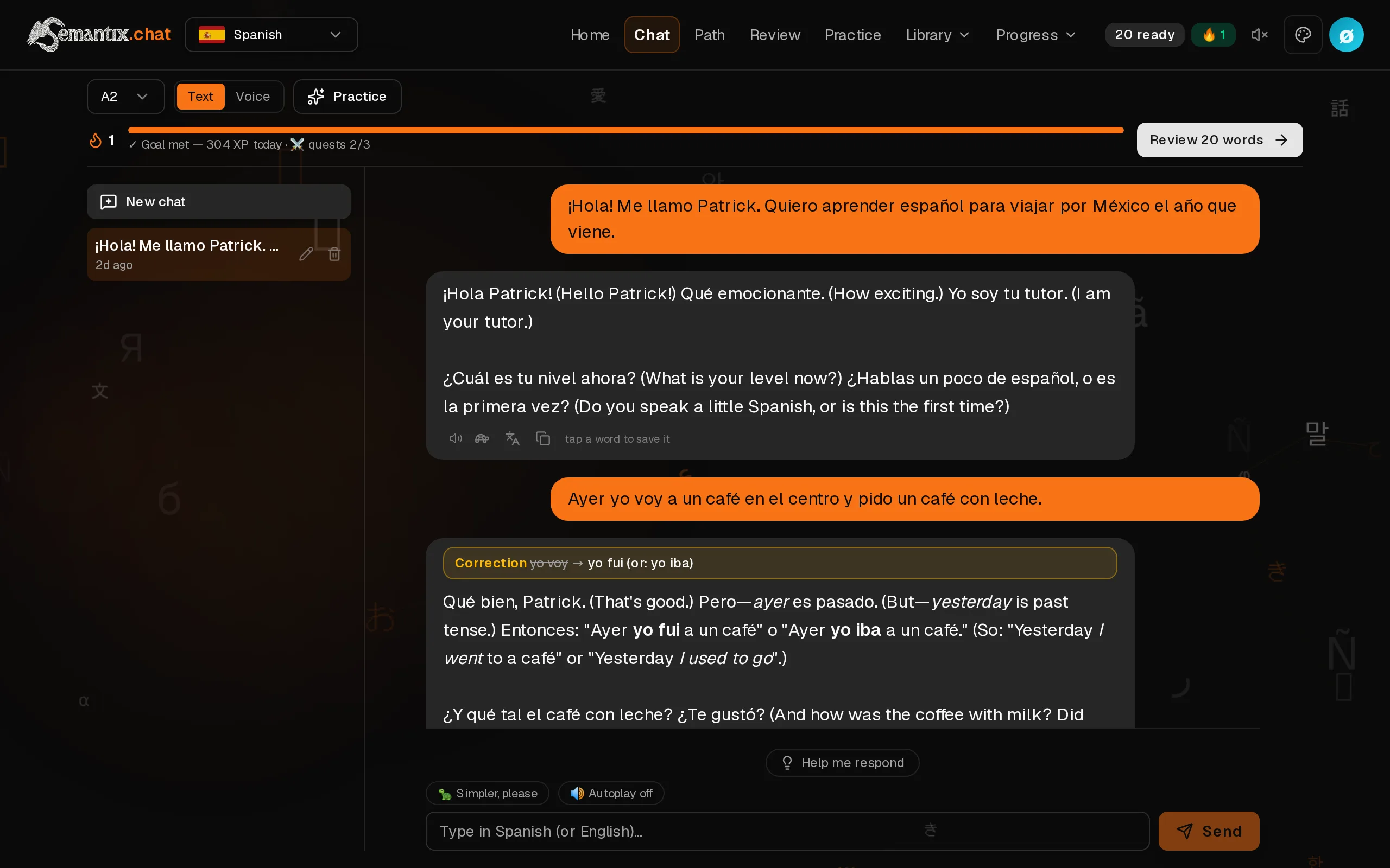 A Spanish conversation with the Semantix tutor, each reply glossed in English with tappable words