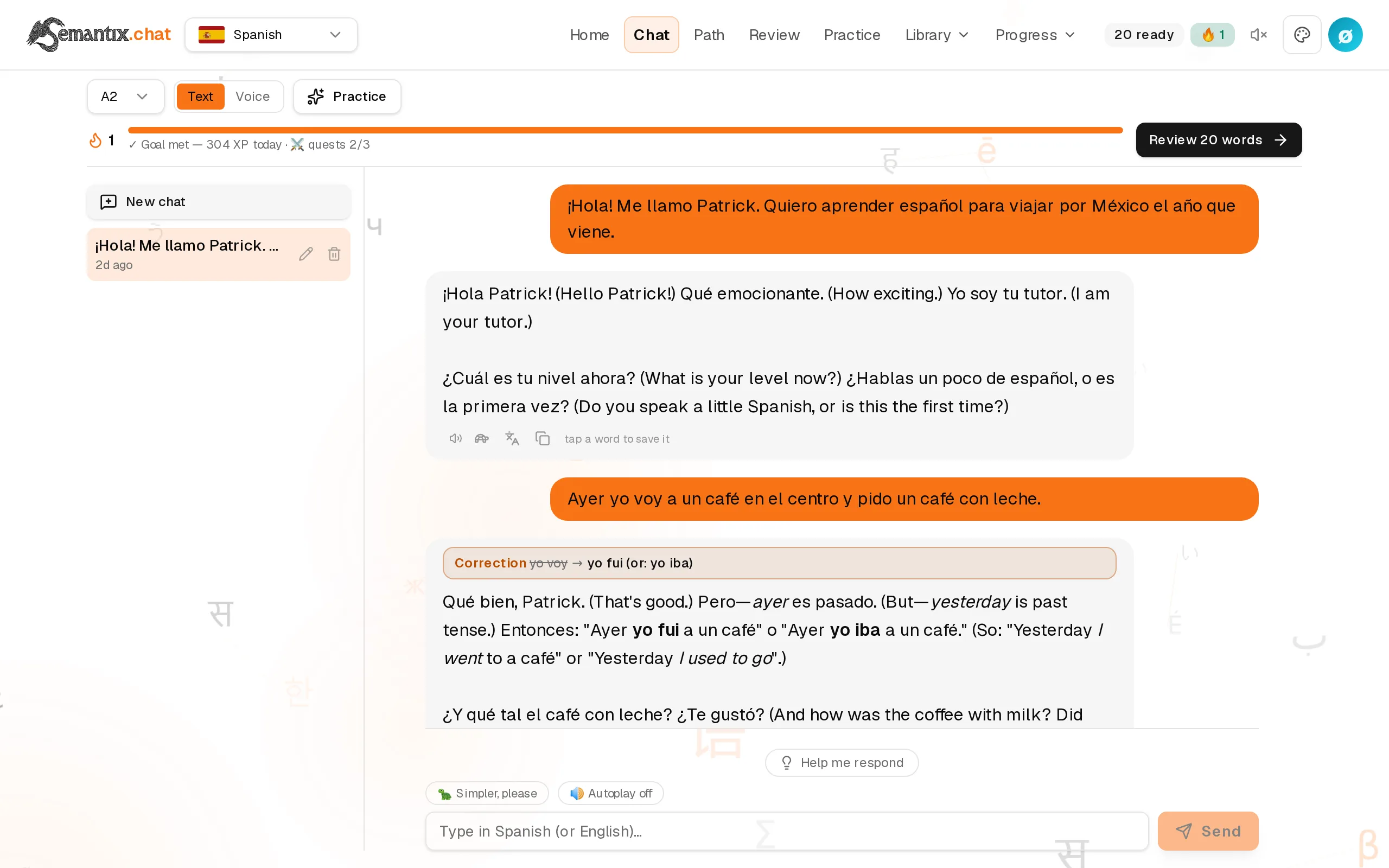 A Spanish conversation with the Semantix tutor, each reply glossed in English with tappable words
