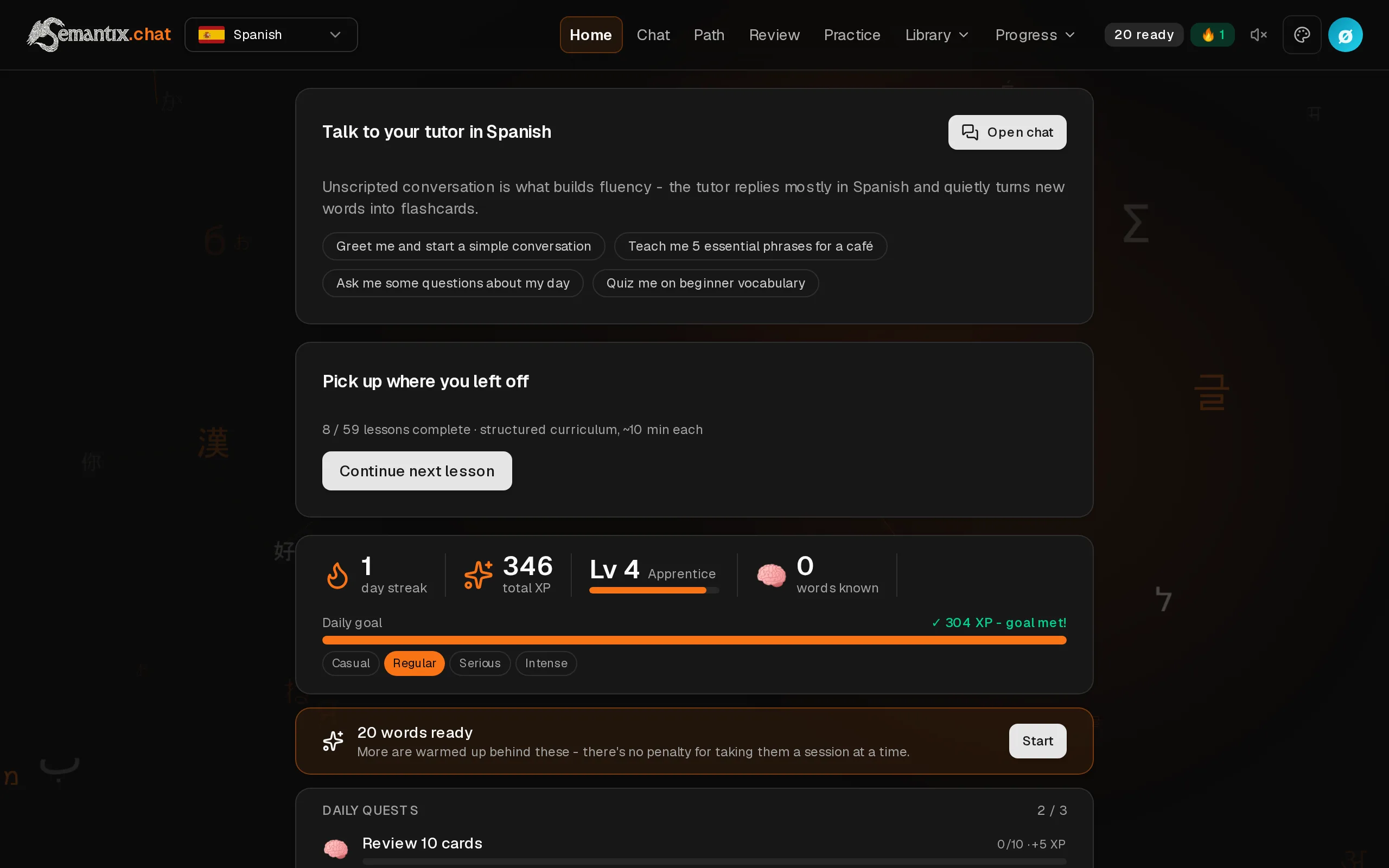The home dashboard: daily goal, streak, XP level and today's quests