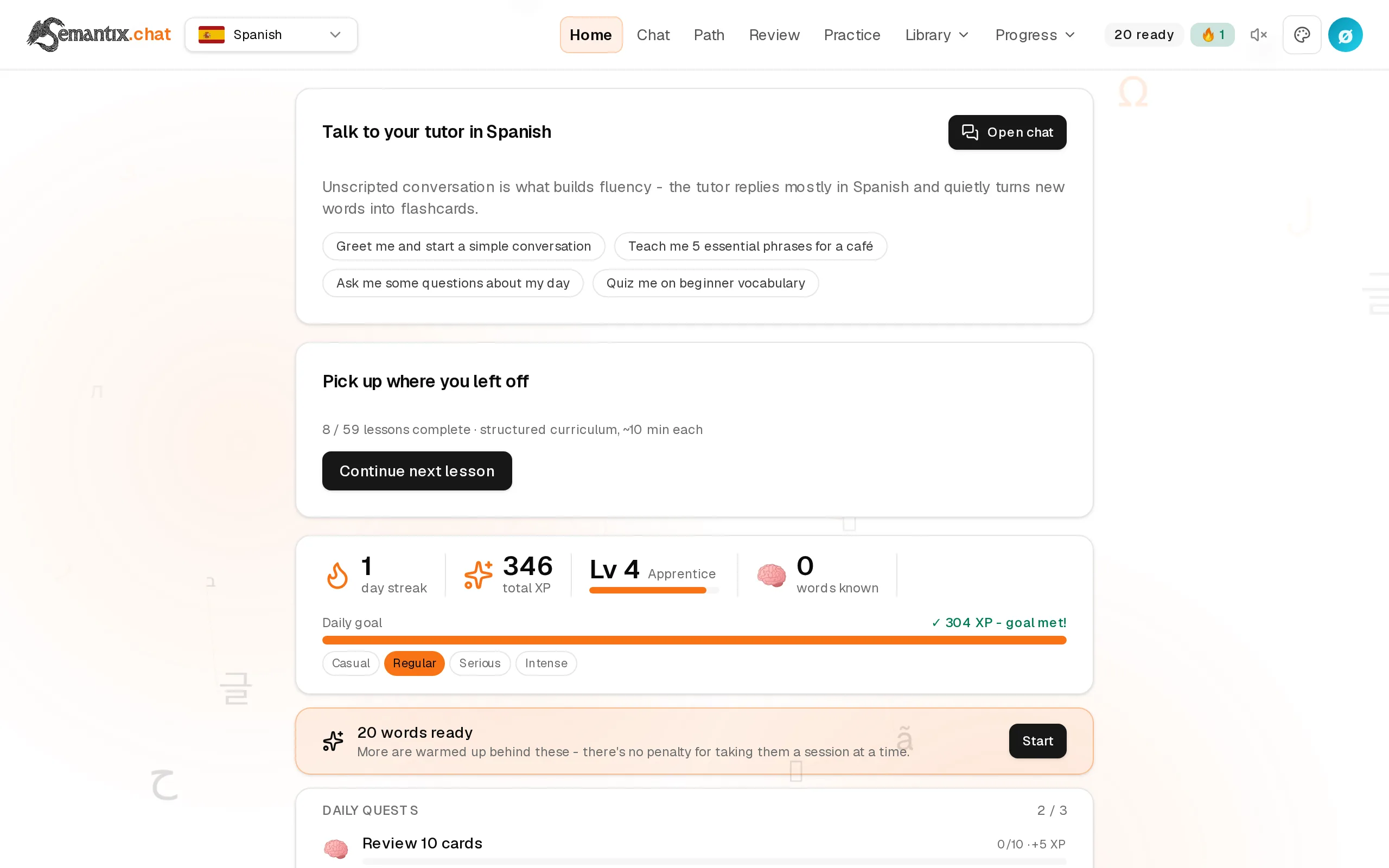 The home dashboard: daily goal, streak, XP level and today's quests